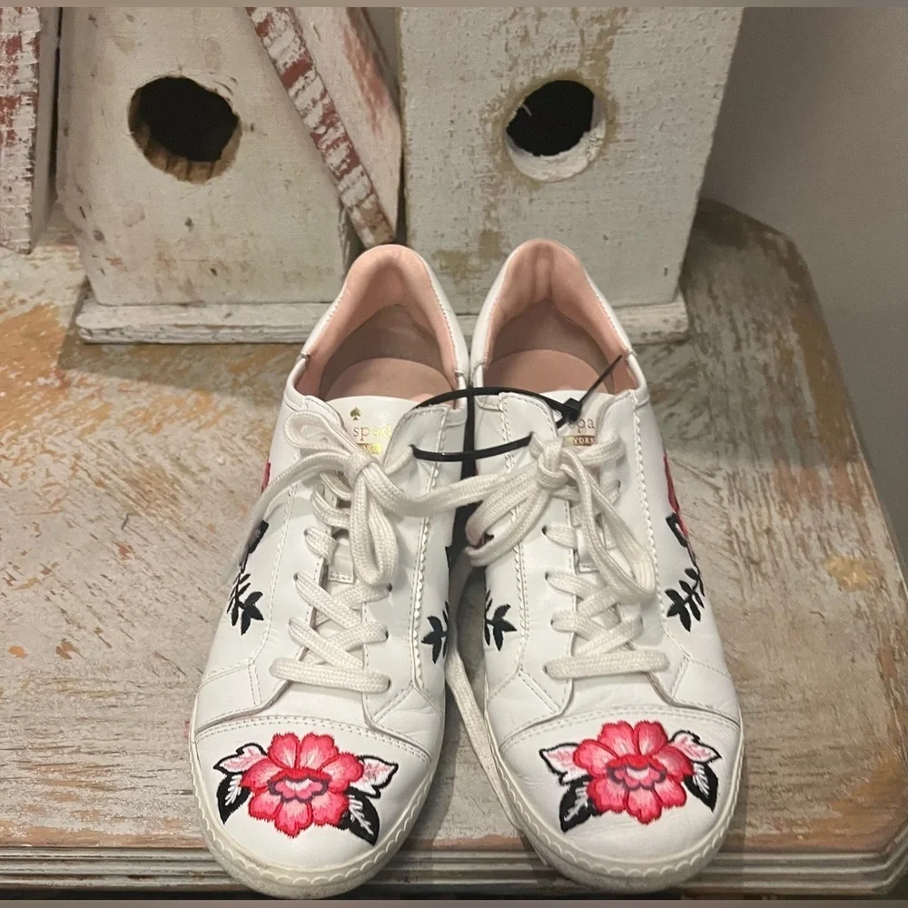 Kate Spade White Sneakers with Pink Floral Embroidered Design 7.5